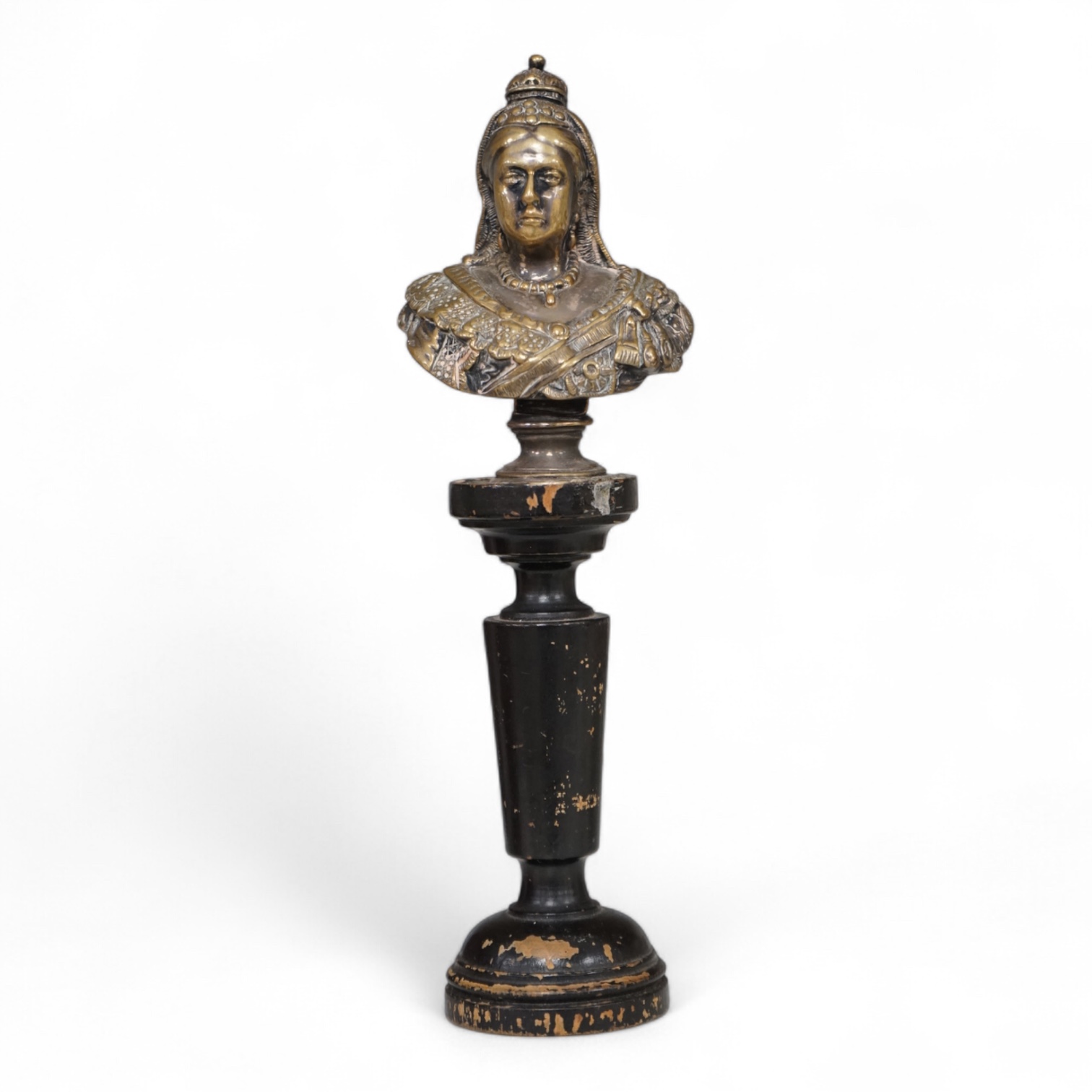 Richard Claude Belt (1852-1920), a silvered bronze royal commemorative bust of Queen Victoria, 1897, on turned wood pedestal, 17cm
